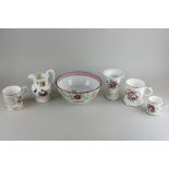 Three floral decorated porcelain mugs, a jug, vase, and a circular fruit bowl (a/f)