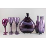 Ten pieces of modern amethyst glassware including goblets and vases, tallest vase 34cm, together