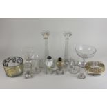 A pair of glass candlesticks, 24cm, various bowls, glasses and two salt and pepper pots