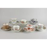 Seven 19th century porcelain tea cups and saucers of various styles and decoration