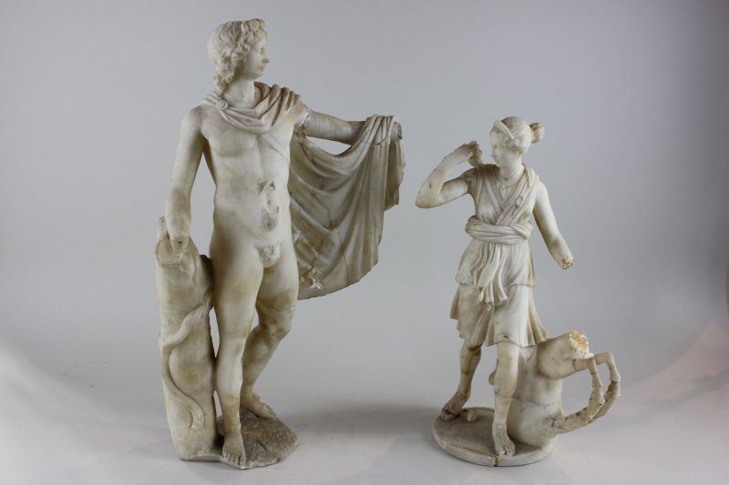 Two classical marble figures of Athena and another naked figure, both damaged, tallest 51cm, (NC)
