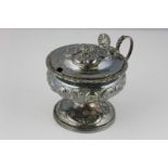 A George IV silver mustard with blue glass liner (a/f), Henry Nutting 1821, London, with floral