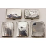 Five George V and later silver cigarette cases of various dates and makers, 10oz