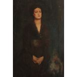 English School portrait of a young lady standing, full length, hands clasped wearing a black