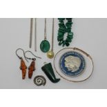 A malachite necklace together with other items of costume jewellery etc