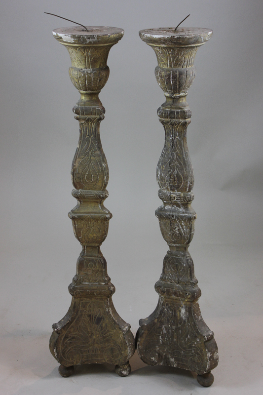 A pair of 17th century style gilt wood pricket candlesticks 93cm high (NC)