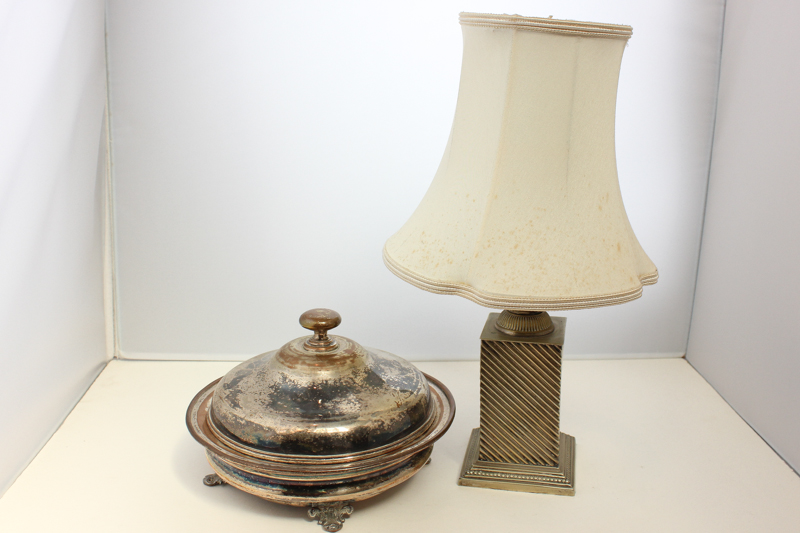 A plated base oil table lamp (converted) with square base, 17cm high, together with a plated