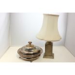 A plated base oil table lamp (converted) with square base, 17cm high, together with a plated