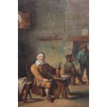 After Teniers, tavern scene with seated man holding pipe and ale, watercolour, 24cm by 18cm