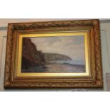 Arthur H Davis, Coastal view with cliffs and boats, oil on canvas, signed and dated '85, reverse