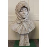 A Victorian white marble bust of a young girl wearing a scarf around her head, 61cm high (NC)