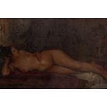 19th century Continental School female nude recumbent on an exotically draped ottoman, oil on