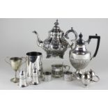 A Mappin and Webb Princes silver plated hot water jug, together with a silver plated teapot, mug,