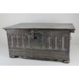 A 17th century oak lace box with hinged top and carved decorated front,  61cm (af) (NC)