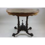 A mid Victorian figured walnut bowfront card table with folding swivel top on cluster column