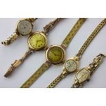 Two ladies' 9ct gold watches on bracelets, three ladies' 9ct gold watches on gilt bracelets