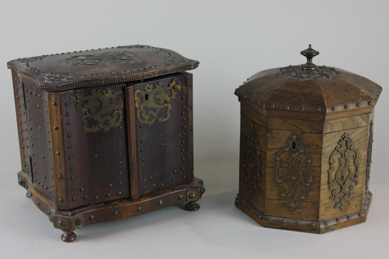 Two gilt mounted humidor cigar boxes, one hexagonal with hinged lid, the other rectangular with