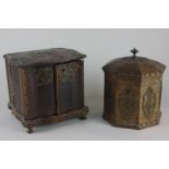 Two gilt mounted humidor cigar boxes, one hexagonal with hinged lid, the other rectangular with