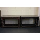 A pair of 19th century copies of 17th century oak side tables each with marble top on turned legs