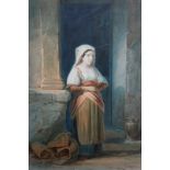 Molteni, woman with baskets and water pot standing at a doorway, watercolour, 33cm by 24cm