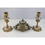 An ornate Victorian gilt metal and enamel plaque decorated inkstand, 12cm high and a pair of