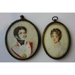 Two late 19th century oval miniature portraits of a young man in uniform and a young lady with curly