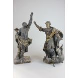 Two antique carved wood figures, possibly Spanish, St Margaret with foot on a serpent and another of