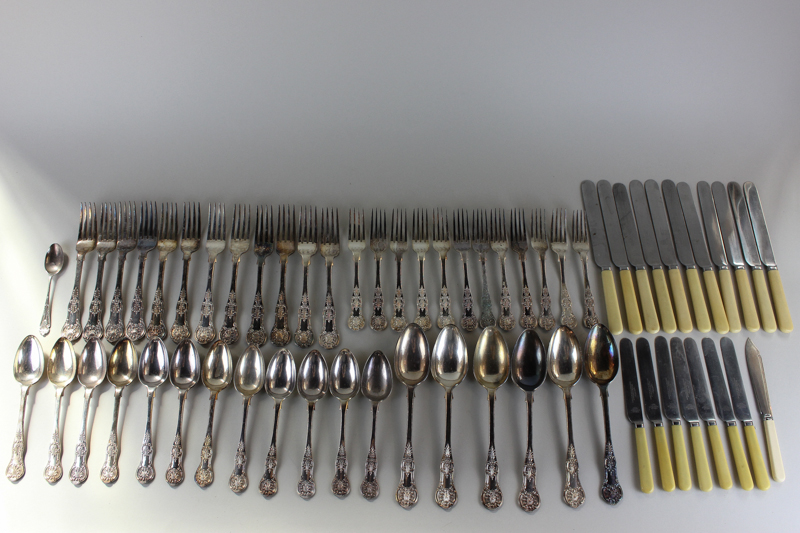 A set of twelve silver plated Kings pattern table forks, dessert forks and dessert spoons,