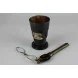 A horn folding beaker, together with a pair of lorgnettes with tortoiseshell handles