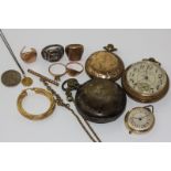 Four gold rings, hoop earring, silver ring and four various watches