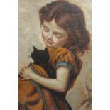 S Carmen (1880-1920), girl holding a kitten, oil on canvas, signed, 72cm by 47cm