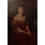 19th century English School portrait of a lady, seated, full length, wearing a red dress, (