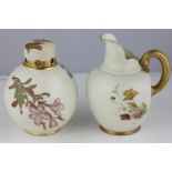 A Royal Worcester jug with hand painted floral decoration on a cream ground with gilt enrichment,