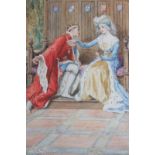 W H Margetson (1861-1940), a king proposing to a lady seated on a bench, watercolour, signed, 45cm