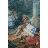 Provaggi, Italian woman nursing a child, with man resting against a stone pillar, watercolour,