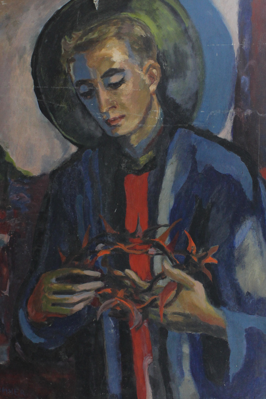 English School a holy man examining a crown of thorns, oil on canvas, 85cm by 51cm  (unframed) (NC)