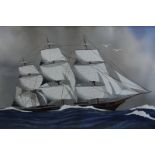 L Haffner (1881-1972), a three mast 19th century sailing ship in full sail, gouache, signed, 39cm by