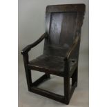 A 17th century oak wainscot chair (seat damaged), (NC)