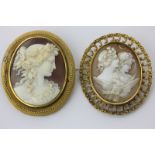 A shell cameo brooch carved with the bust of a young lady with flowers in her hair, gold rope work