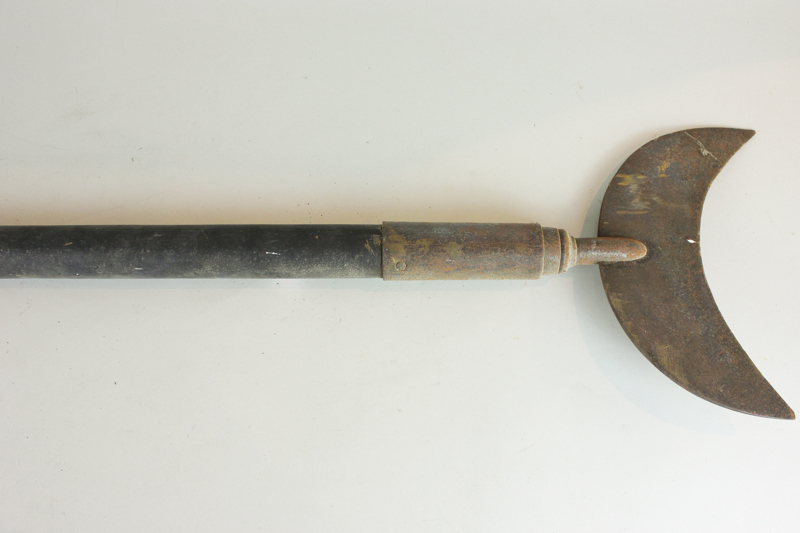 A Chinese moon spear with metal crescent shaped blade, on wooden shaft, 162cm, (NC)