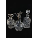 A silver plate mounted cut glass claret jug with leaf and scroll decoration, together with a lead