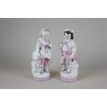 A pair of Victorian porcelain figures of a boy and a girl with a sheep, 20cm high, (a/f - damage