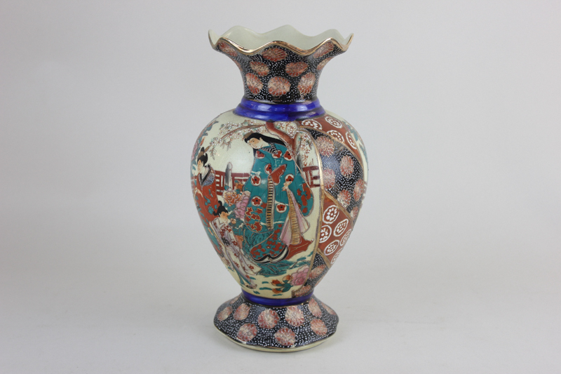 A Japanese satsuma vase, baluster shape with flared rim, depicting ladies in garden, 31cm high