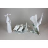 Three Lladro porcelain figures of a nun, three geese and a dove on a branch, tallest 29cm