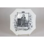 A Victorian creamware octagonal plate commemorating Benjamin Disraeli, transfer printed with an