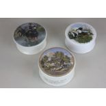 Three glazed pottery jars and covers, one for Silkashave soap showing Anne Hathaway's cottage on the