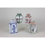 Two earthenware tea caddies, together with two porcelain tea caddies (possibly Sampson), various