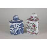 A willow pattern porcelain tea caddy, 14cm, together with a triangular Japanese porcelain tea caddy,