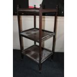 A mahogany three-tier whatnot with galleried border, on castors, 46cm, (NC)