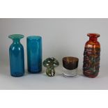 A Medina glass vase and mushroom shaped paperweight, together with two other glass vases and a heavy